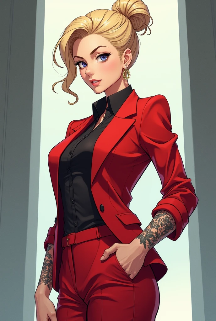 Anime businesswoman with blonde hair and red suit with tattoos on her hands