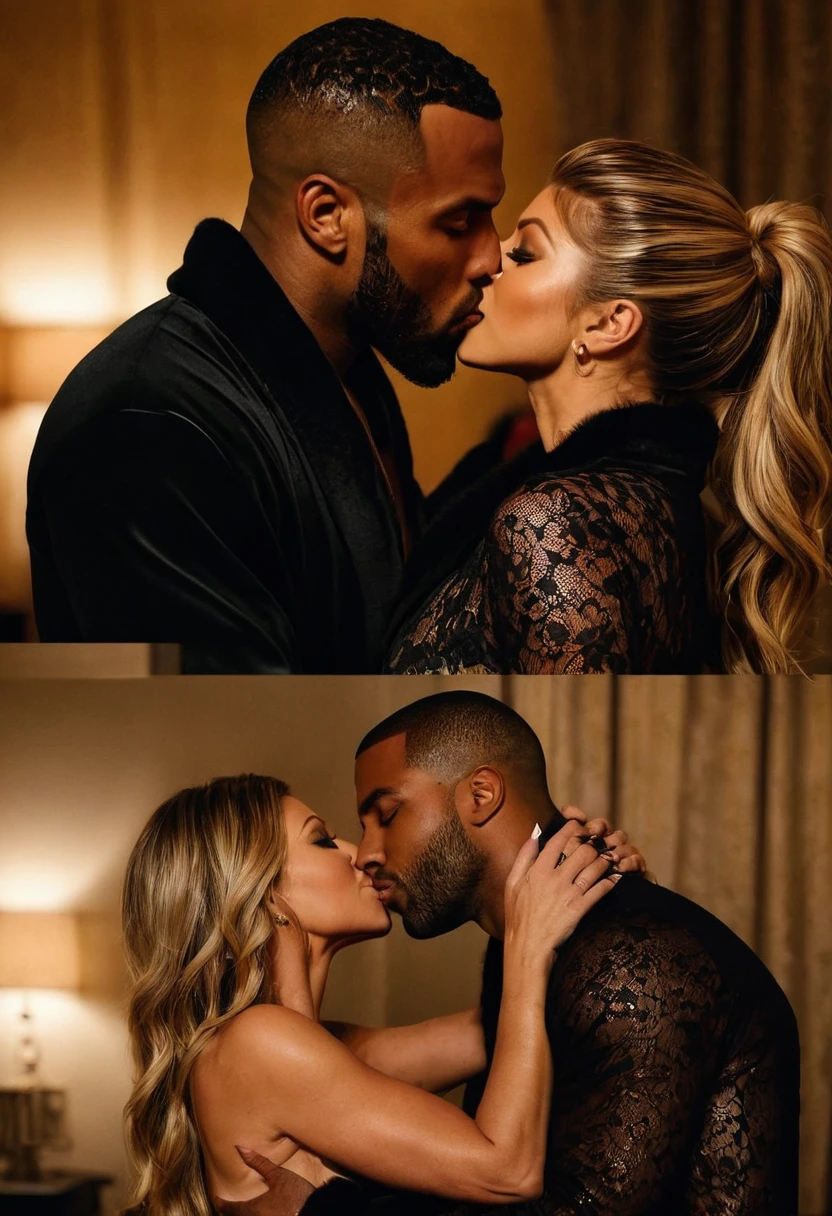 Fergie and a handsome African American male whose facial features are a combo of Jason Derulo + Ray J + Omari Hardwick share a steamy kiss inside a bedroom lit only by candlelight. Fergie wears a black lace robe. Fergie has lovely makeup on her face. Nighttime. Romantic ambiance. Symmetrical eyes. Symmetrical faces. Lovely details. Photorealistic. Full-colored photo. Professional photo. Highly detailed 8K.