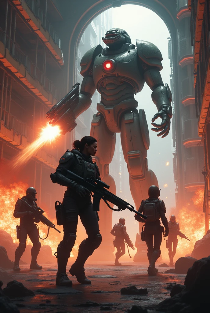 Four soldiers, entrenched in a desperate battle, defend the hangar bay of a massive mothership against an overwhelming horde of insectoid aliens. At the forefront, the black female human captain, her armor scarred from past battles, stands tall, rallying her troops with fierce determination. Beside her, a young male soldier grips an assault rifle, firing relentlessly at the advancing creatures, his face a mix of fear and resolve. Near a control panel, a female android engineer of Asian descent frantically hacks the ship’s systems, her synthetic features calm and focused amidst the chaos. Towering over them all, a large reptilian soldier unleashes devastating blasts from a massive gun, each shot tearing through the alien ranks.

The insectoid aliens, grotesque and relentless, swarm into the bay through a breached bulkhead. Their chitinous exoskeletons gleam under the flickering emergency lights, and their mandibles click with mindless hunger. They resemble a nightmarish fusion of the Starship Troopers' Arachnids and the Zerg from Starcraft, driven by an instinctual desire to overwhelm and consume.

The hangar bay, once a place of order and discipline, is now a battlefield engulfed in flames. Emergency lights cast a crimson hue over the scene, while fire and smoke billow from damaged consoles and exposed wiring. Explosions rock the ship as stray energy beams and projectiles slam into walls and equipment. The air is thick with the smell of burning metal and ozone, punctuated by the deafening sounds of the firefight. Through the hangar’s massive portholes, the cold void of space serves as a stark contrast to the intense battle within, with distant planets and stars bearing silent witness to the unfolding carnage.

The soldiers, though outnumbered, fight with a grim determination, knowing that this hangar bay is the last line of defense before the alien swarm can spread further into the ship. Their courage and resilience are tested as the alien horde presses on, their un