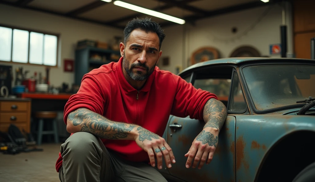 ((best quality)), ((masterpiece)), (detailed) exclusive, Mid adult Latino male with tattoo on the hands and wearing red sports wear oversize business owner at garage with vintage project car stock photo shot 35 mm