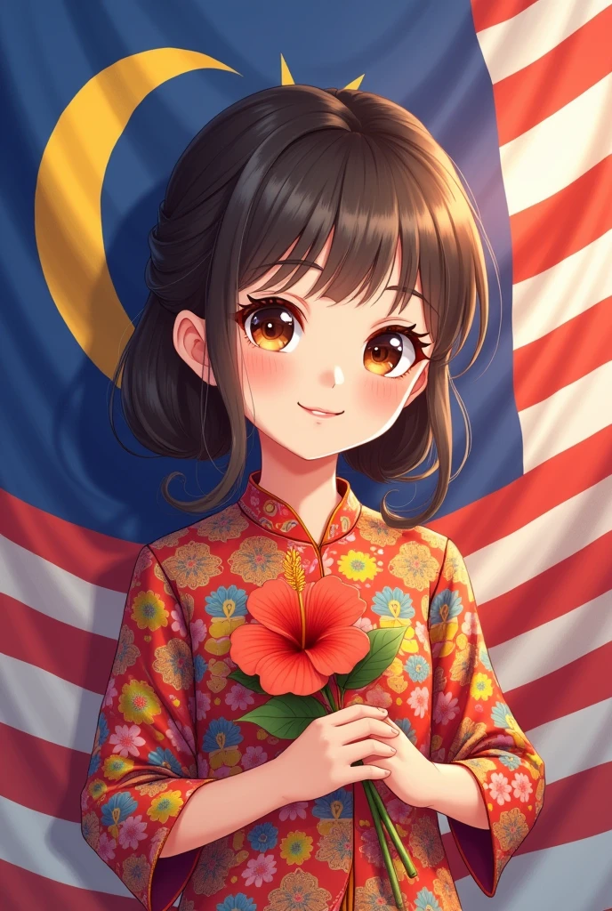 A cute teenage girl wearing kebaya holding a malaysian flag and a stalk of hibiscus with a malaysian flag background anime style