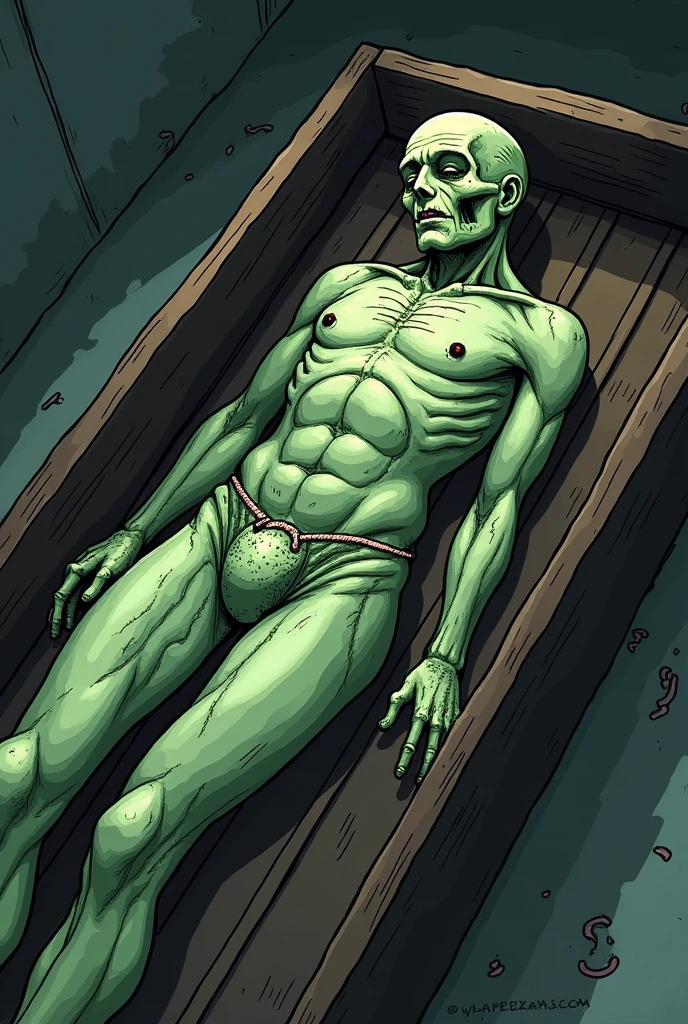 Cartoon picture of dead body in coffin start of greenish discoloration due to action of microorganisn
With foul gas coming out of body
With swelling on face, genitalia,and distention
Adipocere formation