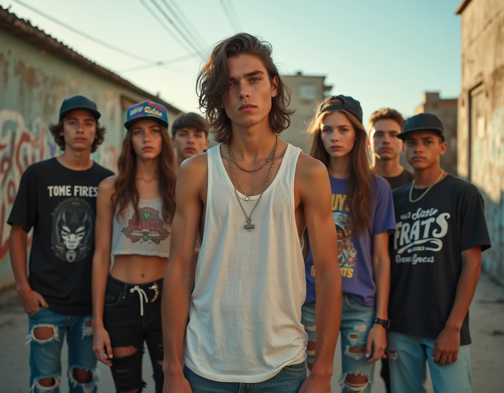A photo of a teenager in skater fashion and his friends. Everyone is wearing a tank top