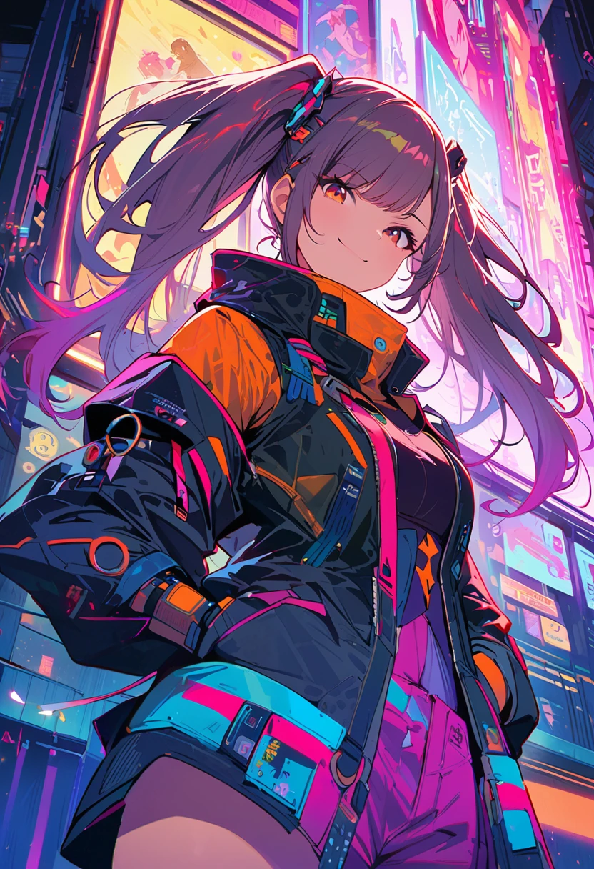 (best quality), (ultrafein), (​masterpiece), Illustration, a girl,China-Samurai,cyberpunk, （cyberpunk，Samurai-Costume，Cybernetic implants), (moving towards the viewer, looks down towards the viewer, low angle view), twintail, Hair Accessories, bright colours，(puts her hands behind her head), smiles and winks, dynamic lighting，neon lights，Fashionable clothing of the future，a mix of traditional and modern elements，Avantgardistisches Make-up，exquisite hairstyle，Self-confidence and determination, Metall Textur，Mechanical Armor, gorgeous accessories，High-Tech-Gadgets，Impressive cybernetic improvements，Clear focus，Grumpy Details, Overclocked rendering, Cinematic edge light, fine light, ​masterpiece, super Details, epic work, Ultra-High-Definition, good quality, 32K