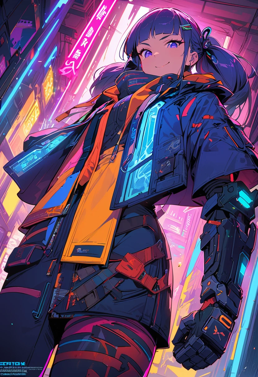 (best quality), (ultrafein), (​masterpiece), Illustration, a girl,China-Samurai,cyberpunk, （cyberpunk，Samurai-Costume，Cybernetic implants), (moving towards the viewer, looks down towards the viewer, low angle view), twintail, Hair Accessories, bright colours，(puts her hands behind her head), smiles and winks, dynamic lighting，neon lights，Fashionable clothing of the future，a mix of traditional and modern elements，Avantgardistisches Make-up，exquisite hairstyle，Self-confidence and determination, Metall Textur，Mechanical Armor, gorgeous accessories，High-Tech-Gadgets，Impressive cybernetic improvements，Clear focus，Grumpy Details, Overclocked rendering, Cinematic edge light, fine light, ​masterpiece, super Details, epic work, Ultra-High-Definition, good quality, 32K