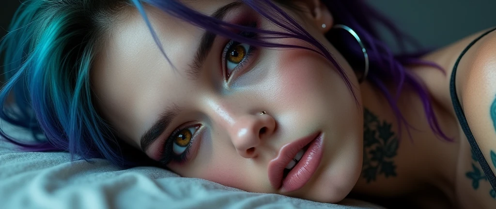 A captivating close-up portrait of a young woman, lying down with her cheek resting on her hand. Her expressive golden-brown eyes gaze directly into the camera, reflecting a focused yet melancholic expression. Dramatic makeup, vibrant hair dyed in shades of blue, purple, and teal, and several piercings adorn her face. Her light-colored lips contrast with her dark, contoured makeup, while her tattoos and hoop earrings add an edgy touch. The background is a neutral, blurred grayish hue, drawing attention to the subject. The main lighting source highlights her features and creates contrasting shadows, while her skin texture displays a realistic touch with visible pores and imperfections.