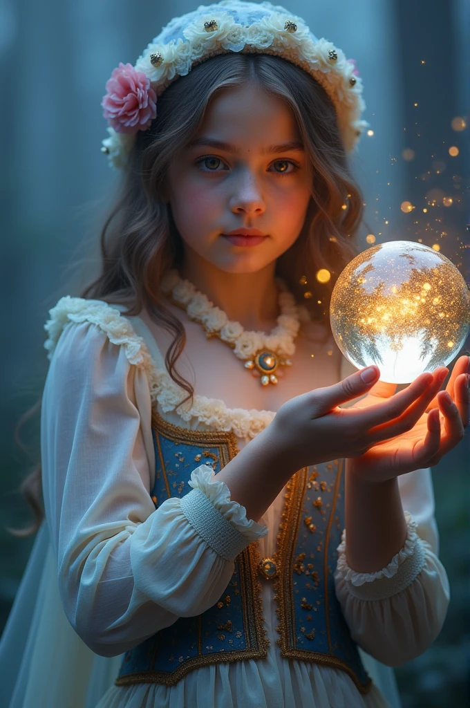 A mystical portrait: A girl with magical outfit costume, stands confidently. Her head is next to a delicate glass orb, as if suspended in mid-air. Magic swirls around the sphere, its sparkles glinting in the soft, golden light. The background is a subtle blend of misty blue and purple hues, adding an air of mystery to the scene. The girl's pose exudes confidence, while the glass ball and light create a mesmerizing focal point, drawing the viewer's eye into the mystical world.