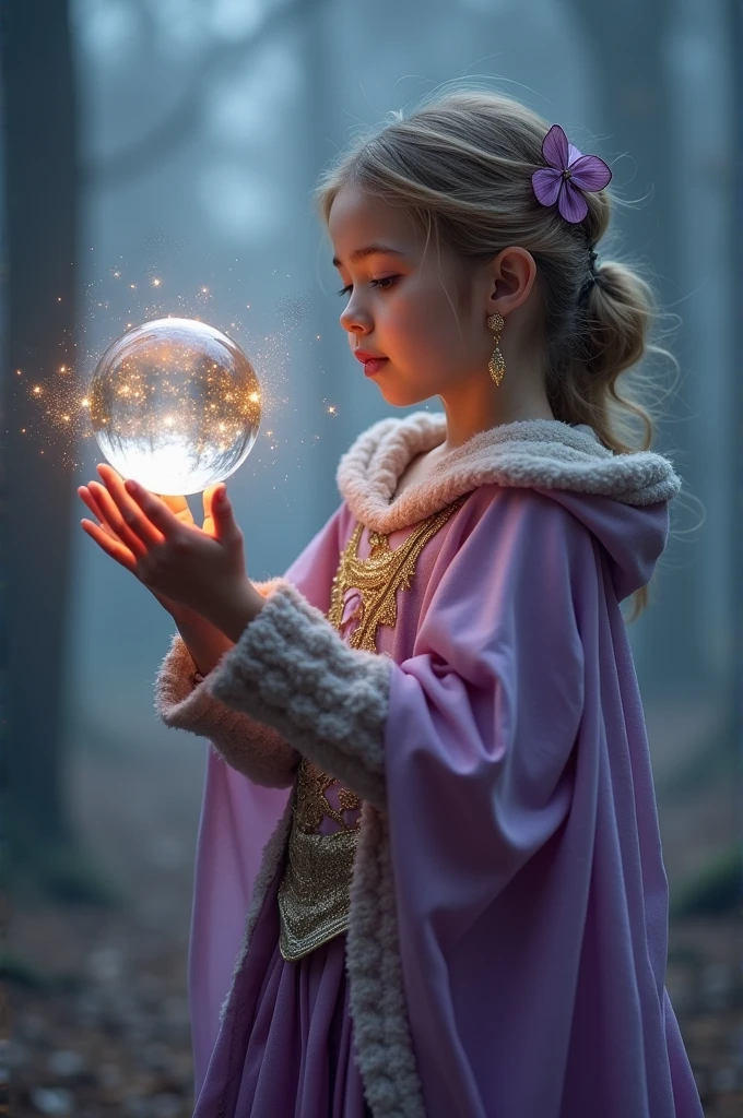 A mystical portrait: A girl with magical outfit costume, stands confidently. Her head is next to a delicate glass orb, as if suspended in mid-air. Magic swirls around the sphere, its sparkles glinting in the soft, golden light. The background is a subtle blend of misty blue and purple hues, adding an air of mystery to the scene. The girl's pose exudes confidence, while the glass ball and light create a mesmerizing focal point, drawing the viewer's eye into the mystical world.
