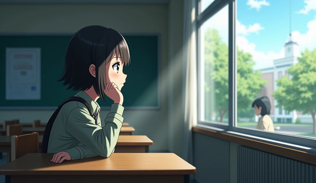 School classroom、Mao looking out the window、Haruki is outside