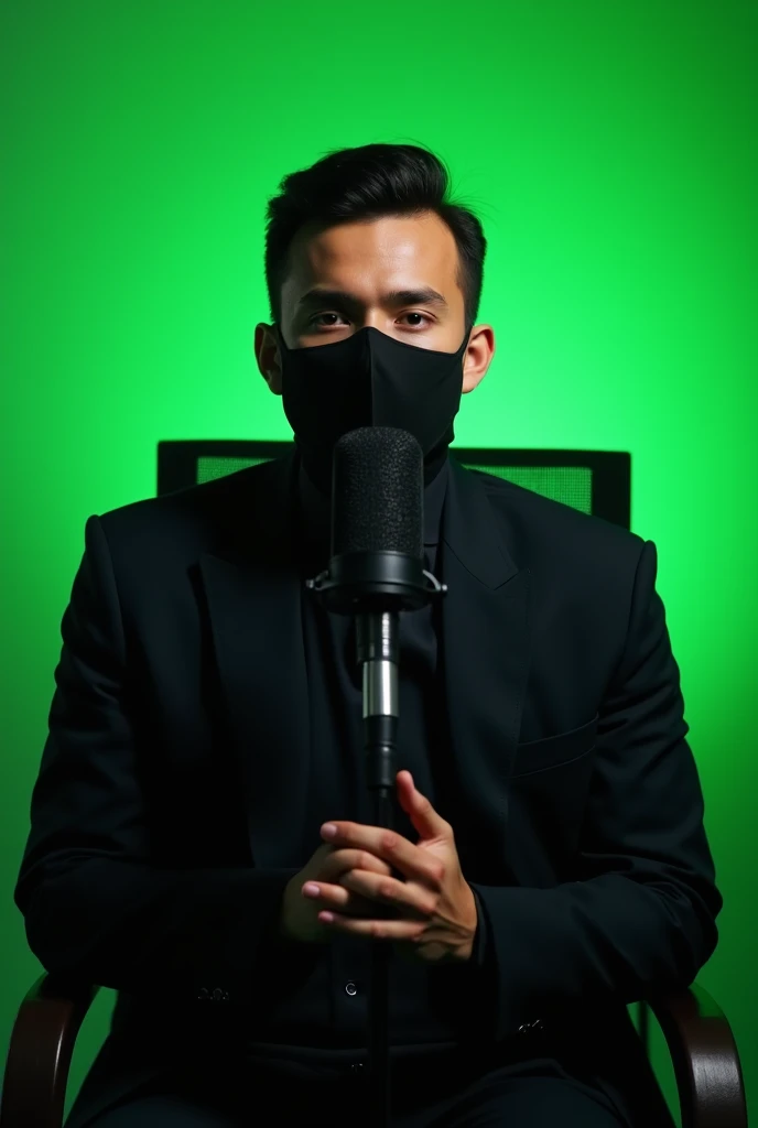 A young man wearing a black half mask is sitting on a chair and has a voice recording mic in front of him and is looking ahead as if he is telling us something. The background behind him is green screen.