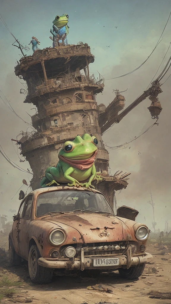 cool frog with a smile face in magic clothes that holds the steering wheel in a destroyed car, Stalenhag, old destroyed parts of rust, colorfully, photo, cinematic, oversaturated, by Jean-Baptiste Monge, Gilles Beloeil, Tyler Edlin, Marek Okon, Pixar, album art, comic style, perfect composition, a masterpiece, trending on artstation