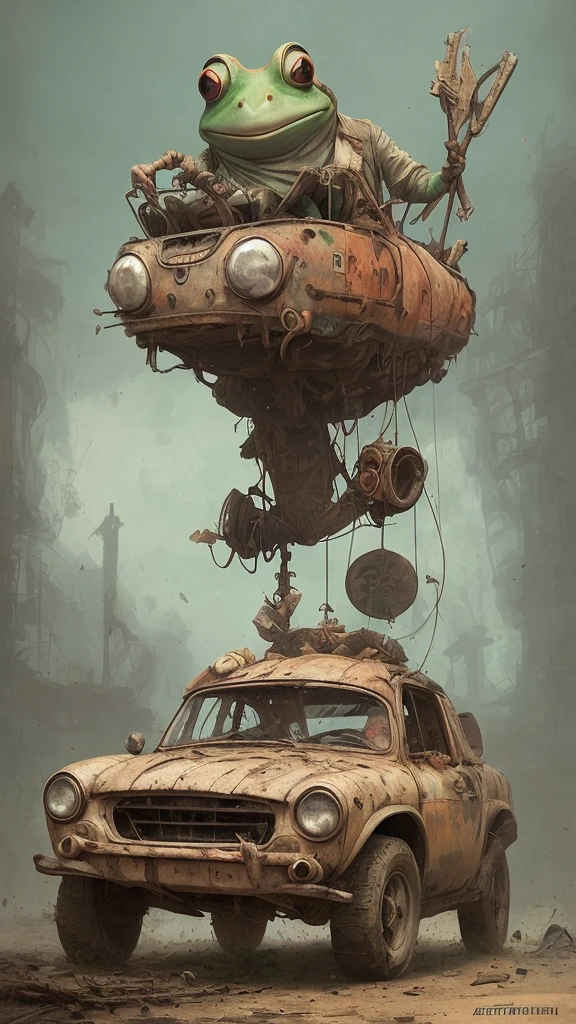 cool frog with a smile face in magic clothes that holds the steering wheel in a destroyed car, Stalenhag, old destroyed parts of rust, colorfully, photo, cinematic, oversaturated, by Jean-Baptiste Monge, Gilles Beloeil, Tyler Edlin, Marek Okon, Pixar, album art, comic style, perfect composition, a masterpiece, trending on artstation