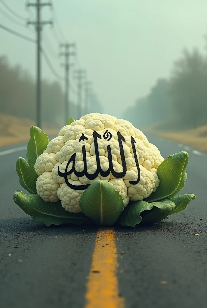 There is a cauliflower on a road. Allah is written on that cauliflower. And a car has collided with it. Make an image and show it.