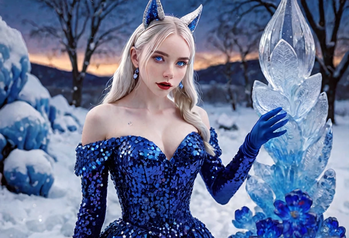 A cute woman with blue skin, deep blue eyes, pointy ears, waist length pale hair, wearing a sapphire sequin sparkling evening gown, inspecting her ice sculpture flower garden in a snow landscape at twilight, masterpiece, highly detailed, photorealistic, 8k, hyperrealistic, intricate details, cinematic lighting, dramatic colors, fantasy, elegant, magical, whimsical, ethereal
