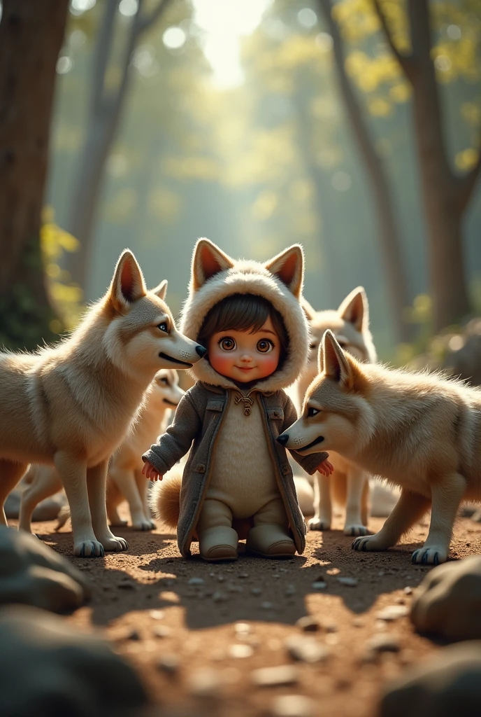 A BROWN-EYED BABY GIRL DRESSED AS A WOLF WITH HER PACK OF WOLVES
