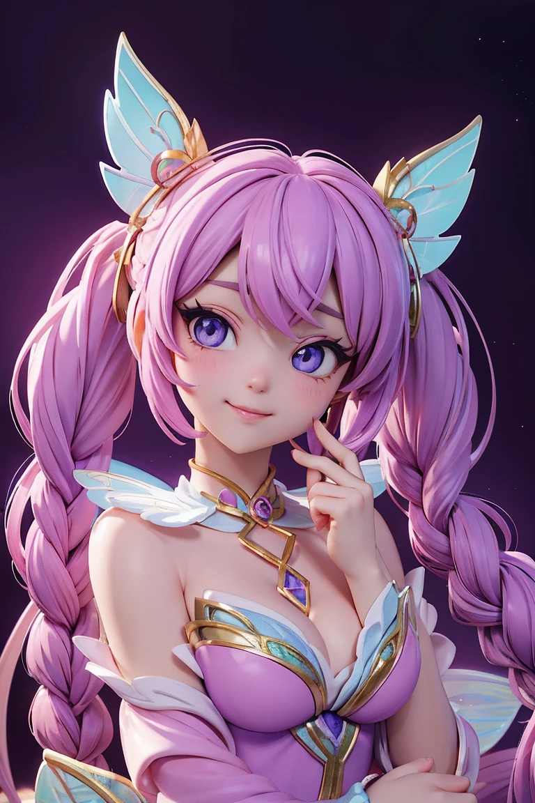 an animated character. a cute face girl, pastel purple color eyes, pastel color, colourful bright long twintail braid hair, gorgeous flower crown, gorgeous decorated, gorgeous fairy wings, haft body, mythology, fancy, Asian style, flowers vines, fantsy sky, shining star, Happy face feeling, fantasy town background, sunset mood and tone.