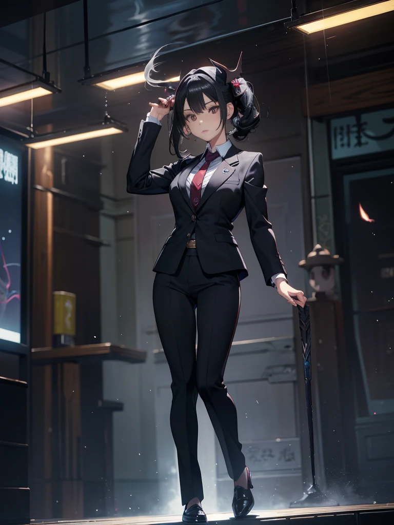 One adult woman,career woman,In a suit,pumps,lawyer,cool,Gaze, Forehead,Anatomically correct, accurate, masterpiece, Highest quality, Winner of numerous awards, Textured skin, Retina, Retina, Black Hair, Half-up hairstyle, Solemn, Column Lineup, Bat hair accessories, Cinematic light effects, Anime Style, Japanese illustration style,