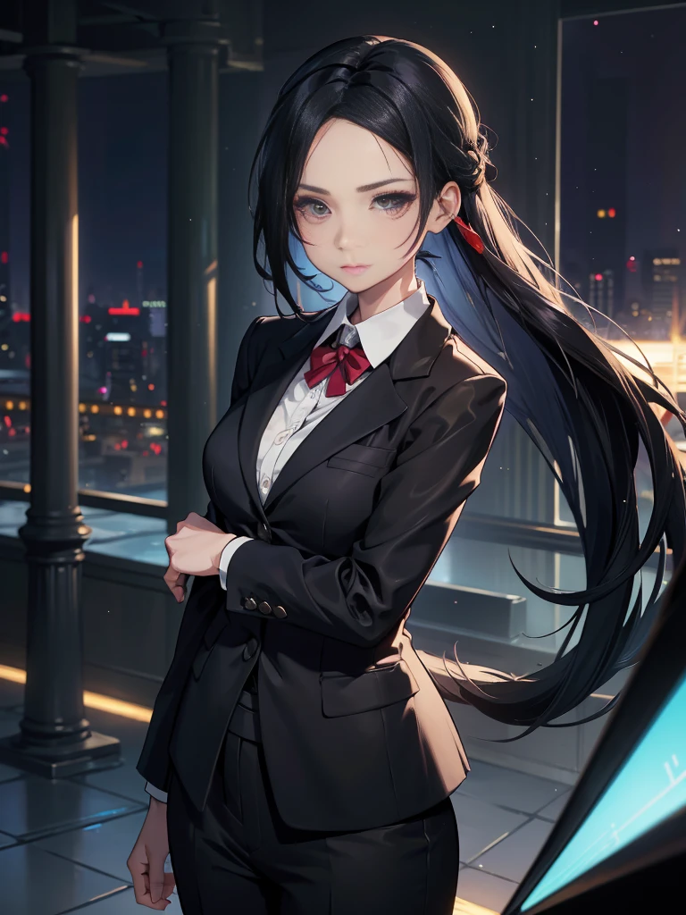 One adult woman,career woman,In a suit,pumps,lawyer,cool,Gaze, Forehead,Anatomically correct, accurate, masterpiece, Highest quality, Winner of numerous awards, Textured skin, Retina, Retina, Black Hair, Half-up hairstyle, Solemn, Column Lineup, Bat hair accessories, Cinematic light effects, Anime Style, Japanese illustration style,