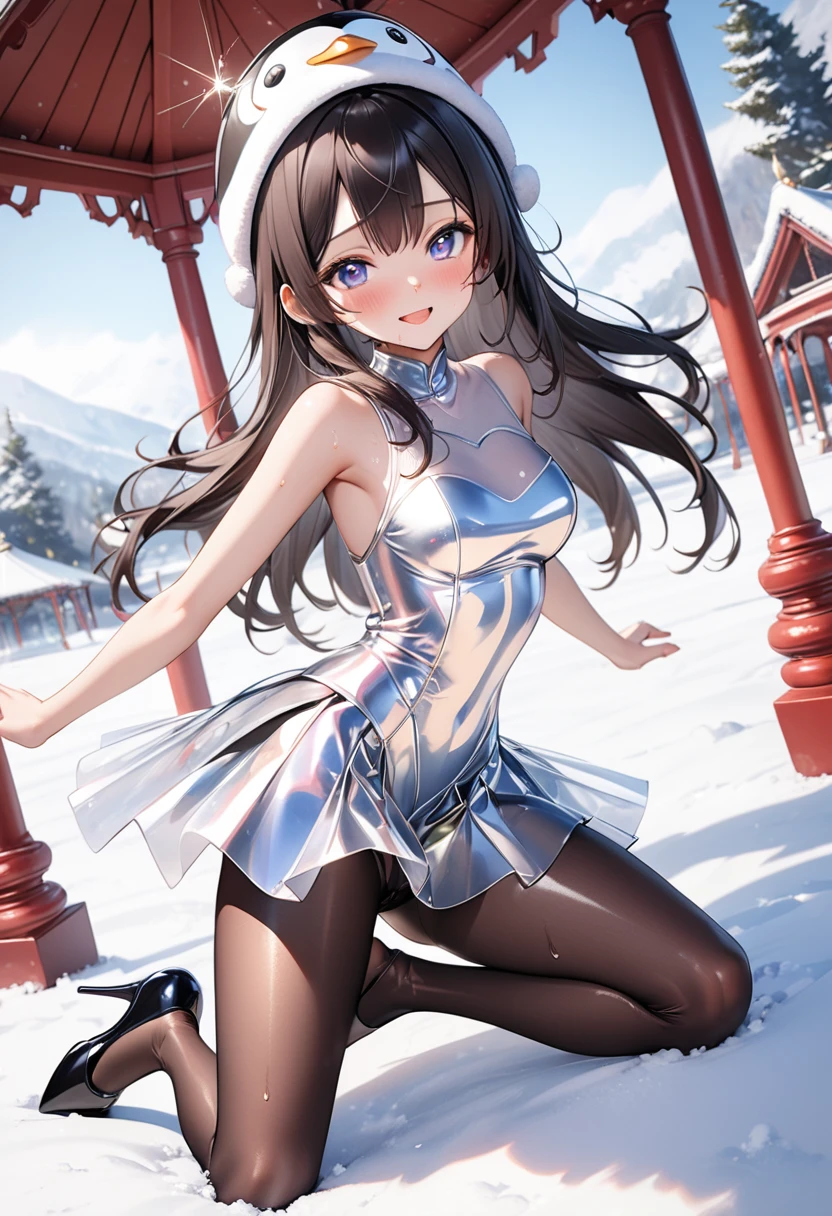 (Evil smile), ((((Wearing a penguin-colored costume, pleated skirt, Penguin hat, Leather panties, skirt, Pantyhose, Stiletto heels))), ((Shiny Costumes)), ((skindentation)), skinny, solo, 1 woman, Masterpiece, highest quality, highest quality, 16K, incredibly absurd, highly detailed, 2.5D, ai-generated, delicate and dynamic, very delicate facial expressions, delicate eye depiction, erotic, only sexy woman, ((A cute and kind face)), healthy figure, ((2 woman)), 160cm tall, medium firm swaying bust, Dark Hair, blush, Sweat,Embarrassed,sexy, ((thin thighs)), shiny and lustrous, facing straight at viewer, (((in heat))), ((Oily_skin)), ((Lots of sweat)), ((dutch angle)), ((erotic pose)), (((Dynamic Pose))), ((Transparent and sparkling costume)), ((A gazebo in the middle of a beautiful snowy field)),