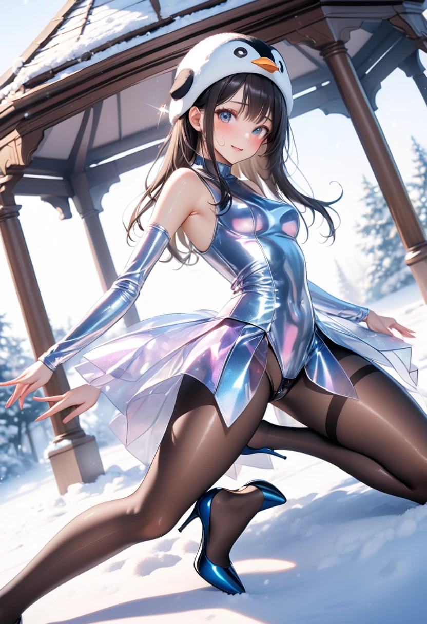 (Evil smile), ((((Wearing a penguin-colored costume, pleated skirt, Penguin hat, Leather panties, skirt, Pantyhose, Stiletto heels))), ((Shiny Costumes)), ((skindentation)), skinny, solo, 1 woman, Masterpiece, highest quality, highest quality, 16K, incredibly absurd, highly detailed, 2.5D, ai-generated, delicate and dynamic, very delicate facial expressions, delicate eye depiction, erotic, only sexy woman, ((A cute and kind face)), healthy figure, ((2 woman)), 160cm tall, medium firm swaying bust, Dark Hair, blush, Sweat,Embarrassed,sexy, ((thin thighs)), shiny and lustrous, facing straight at viewer, (((in heat))), ((Oily_skin)), ((Lots of sweat)), ((dutch angle)), ((erotic pose)), (((Dynamic Pose))), ((Transparent and sparkling costume)), ((A gazebo in the middle of a beautiful snowy field)),