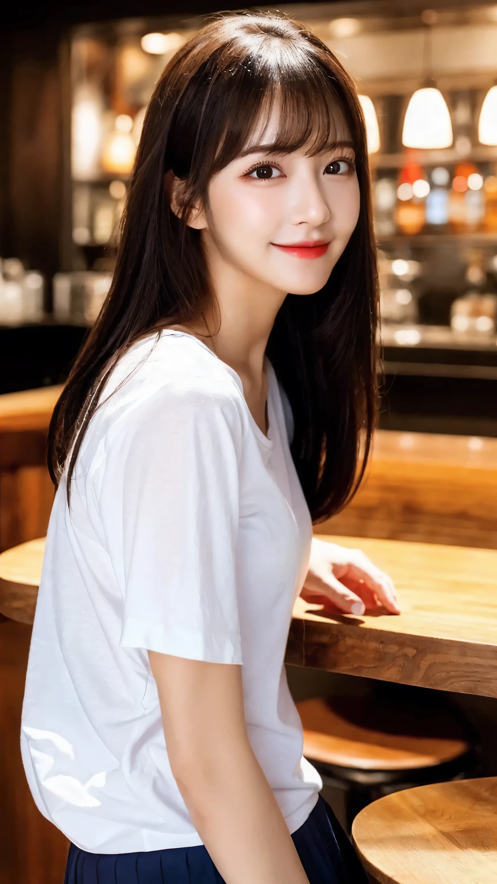(8k, RAW Photo, Best Quality, Masterpiece:1.2), table top, Ultra Detail, Super Resolution, (Realistic, Realistic Photo:1.37), Portrait, High Detail RAW Color Photo, Professional Photo, Extremely Detailed and Beautiful, Extremely detailed, 8k wallpaper, amazing and detailed, huge file size, official art, highly detailed CG unity 8k wallpaper, highly detailed beautiful girl, highly detailed face, highly detailed eyes, highly detailed skin, highly detailed fingers, highly detailed nose, very detailed detailed mouth , perfect anatomy, highly detailed background, highly detailed clothes, 1girl, 1 girl, cute girl, realistic body, fair skin, glowing skin , slim body, handsome body, black hair , semilong hair, (blunt bangs:1.2), smile, cute, youthful, cute face, realistic face, delicate eyes, drooping eyes, looking at viewer, facing front, standing posture, Contraposto, (medium chest), (Perfect Body Proportions), (slender Body Proportions), super sexy pose, (White T-shirt)), ((mini-skirt)), (authentic bar), (photo from behind),