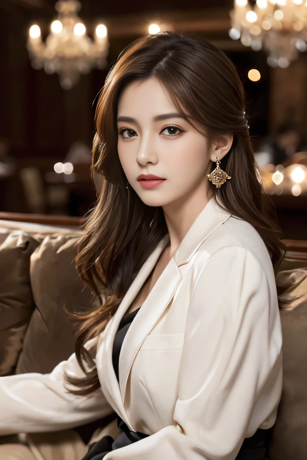 masterpiece, Highest quality, Realistic, Very detailed, Finer details, High resolution, 8k wallpaper, One beautiful woman, Wear a nice suit, In a great restaurant, At night, Light brown messy hair, Perfect dynamic composition, Beautiful and beautiful eyes、Big earrings、Sit on the sofa