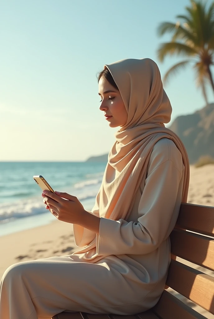 Hijab girl on beach sitting on the banch iPhone in her hand