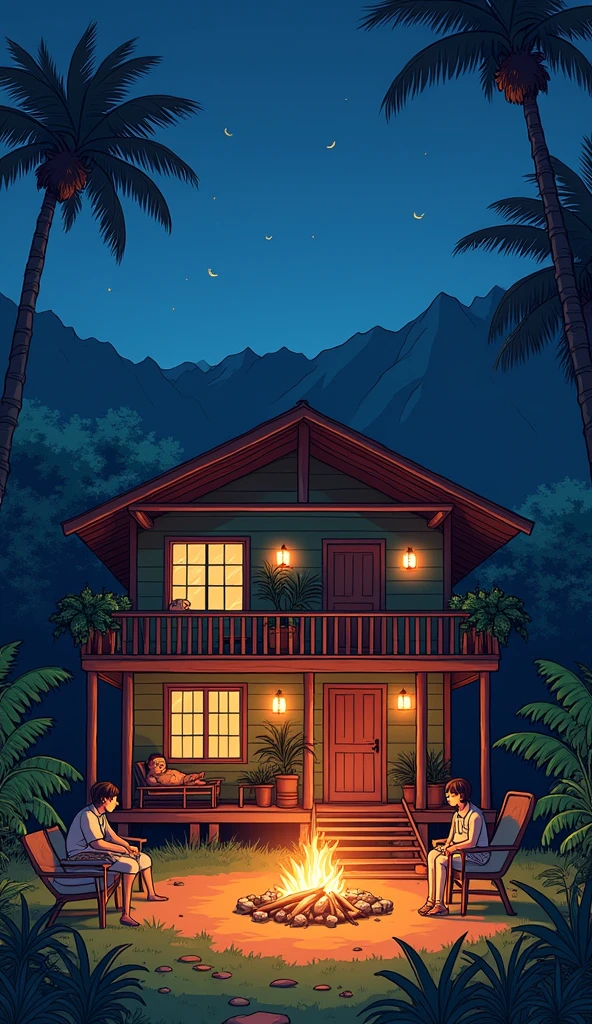 anime Illustration of Hawaii, a very cozy native Hawaiian home with firecamp outside the house with a dog sleeping in the house balcony and people sitting in the camp fire. Background of people around in the evenings, 2d, cartoon, brightly colored --s 250 --v 6.0 Hawaii , illustration , reteo comic illustration moody, melancholic, vibrant color, detailed, akira --ar 16-9 --niji 6