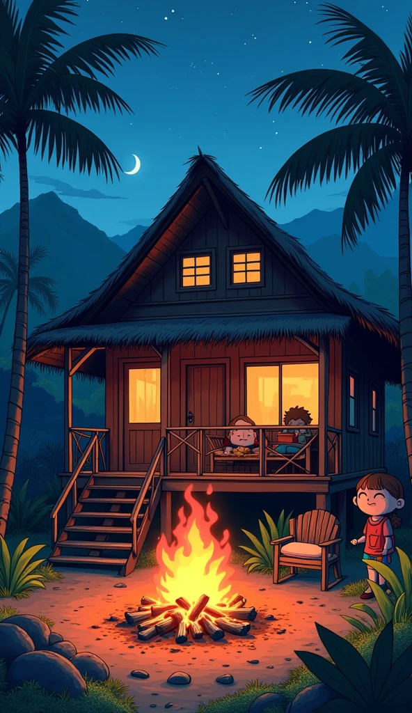 anime Illustration of Hawaii, a very cozy native Hawaiian home with firecamp outside the house with a dog sleeping in the house balcony and people sitting in the camp fire. Background of people around in the evenings, 2d, cartoon, brightly colored --s 250 --v 6.0 Hawaii , illustration , reteo comic illustration moody, melancholic, vibrant color, detailed, akira --ar 16-9 --niji 6