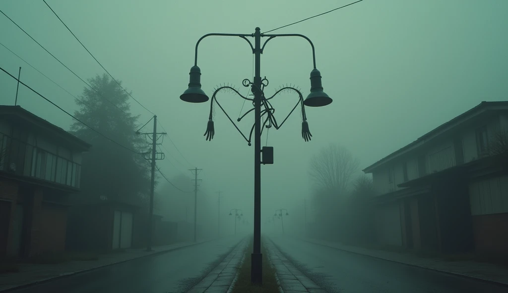 Best quality, masterpiece, street background, street lamp with hands instead of lights, sci-fi, detailed science, life science, detailed image texture, creepy, scary, creepy atmosphere (not AI image), cloudy weather, fog, low color image, creepy, character filling the screen, image from different angles
