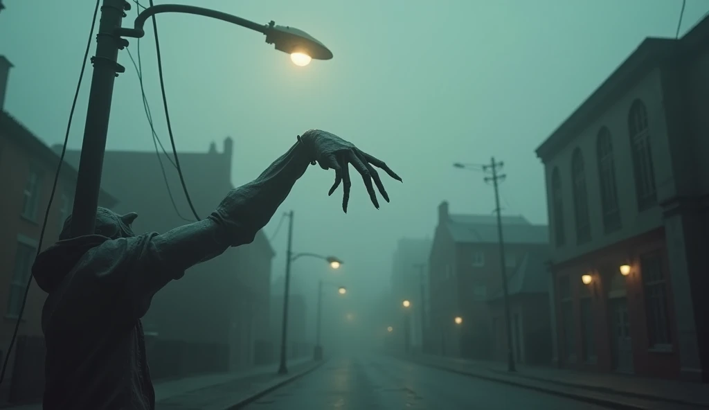 Best quality, masterpiece, street background, street lamp with hands instead of lights, sci-fi, detailed science, life science, detailed image texture, creepy, scary, creepy atmosphere (not AI image), cloudy weather, fog, low color image, creepy, character filling the screen, image from different angles