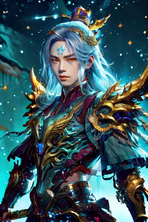 Handsome young xianxia protagonist,man,guy,long silver hair, long silver hair((no noice)),Crimson red and golden amber eyes combination ,eyes focus detailed((no noice)),(((no noice))),and long silver hair with white undertone,and the golden rune motiv scratched on his forehead((no noice)),use armour featuring like pattern on furr of white Tiger chinese with azure and white dominant color,pauldron protective shape like dragon head,breastplate featuring like azure dragon head,breastplate detailed azure dragon head shape,shoulder protective dragon shape like head red and blue,sun and moon and nebulae circling at the background,nebula destruction detail,the tassel of the armour like river of galaxy, combination of azure and white dominant color,white dominant color, white dominant color armour,with majestic purple line ,held mystical sword,sword detailed, destruction emanating from sword ((no noice))And majestic golden wings at back,wings at back,terrifying aura around,24K ultra hd,face and eyes detail,lips and face detail,masterpiece ,better quality,ultraa realistic face((no noice)),good face proportion,eyes detailed,((perfect face)),perfect eyes ,perfect face proportion,