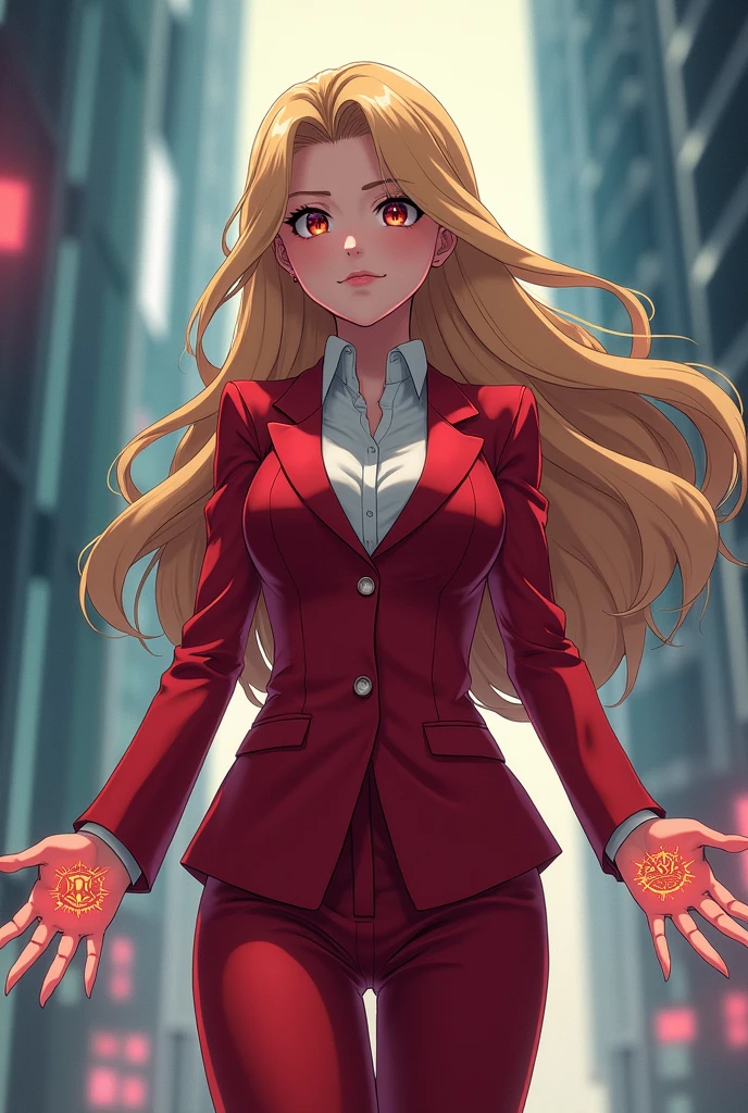 Anime businesswoman with blonde hair and red suit with symbols on her hands