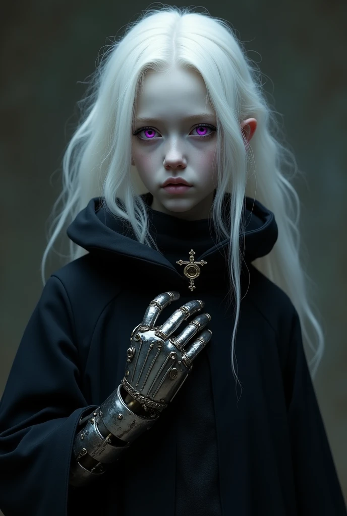  Middle Ages Albino with White Hair Violet Eyes, black robes with a collar with a small cross, and with the left hand with a steampunk prosthetic 