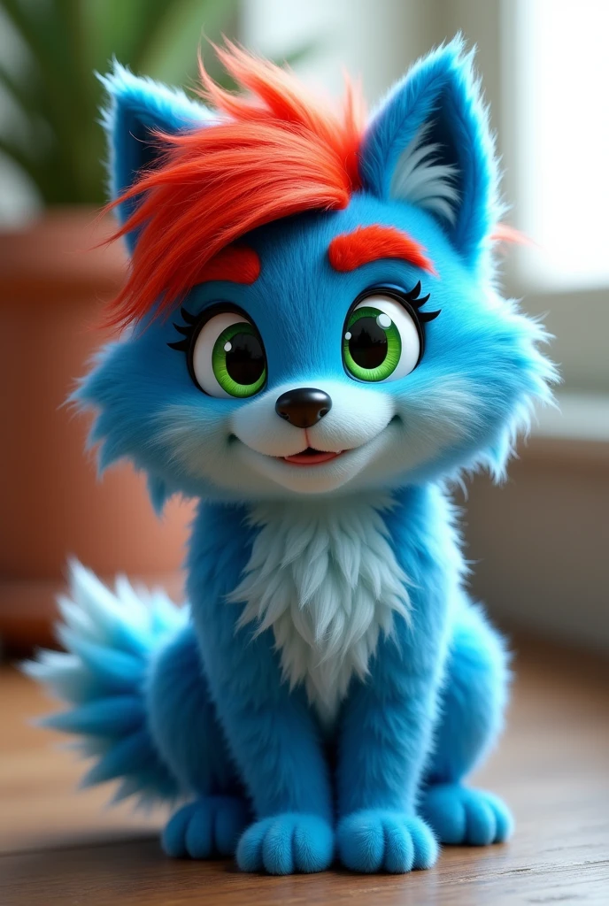 Fursuit furry blue Wolf red hair green eyes red Eyebrow Man cartoon 