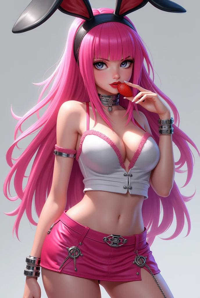 Free Fire female character with long hot pink hair, black bunny ears, red lipstick, dark eyes, eating strawberries, short white blouse, pink details, pink leather skirt, silver details, red heels