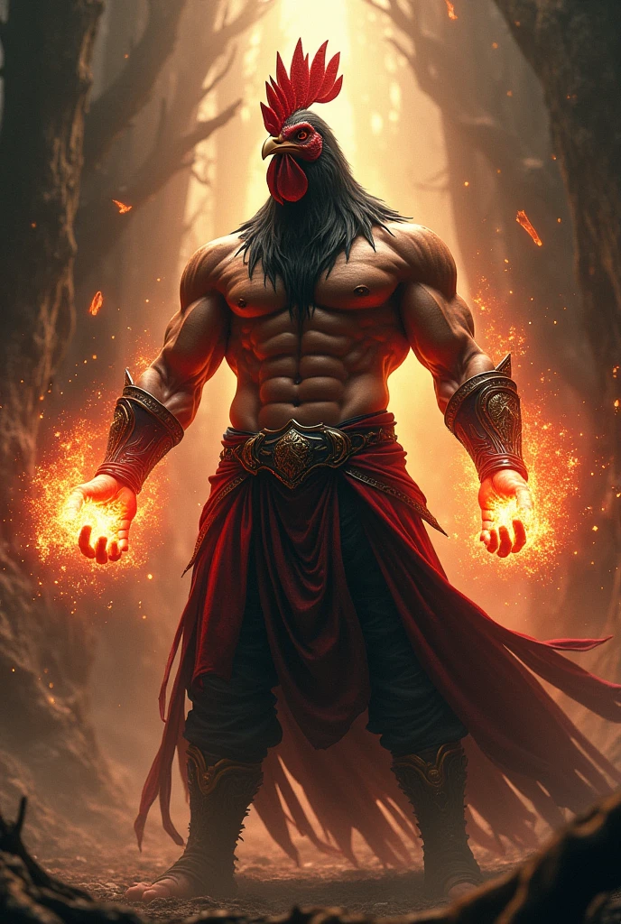 Draw a strong and muscular body of a man, with clothes of a black and red god, with an evil chicken head and charging an energy attack in each red hand