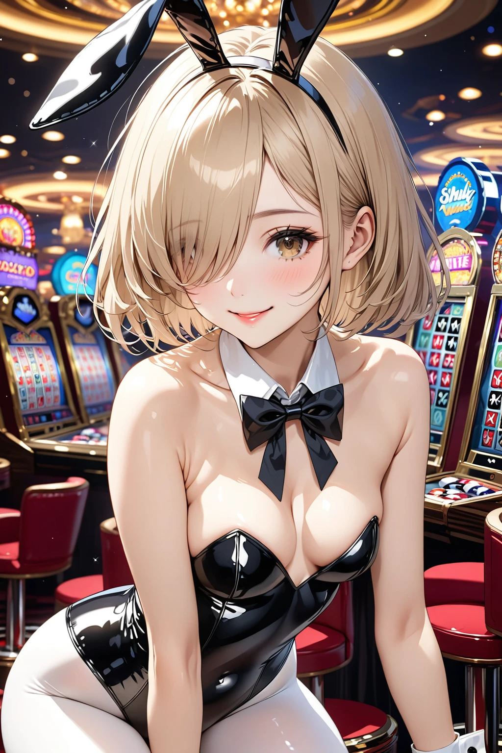 masterpiece,highest quality,32K,ultra detailed,young woman,light brown eyes,light makeup,flat chest,cleavage,fair skin,shiny skin,happy smile,silky hair,hair over one eye,pixie cut,straight hair,beige hair,playboy bunny,black rabbit ears,fake rabbit ears,black leotard,white pantyhose,bowtie,wrist cuffs,casino