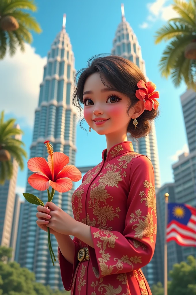 A cute teenage girl wearing a kebaya holding a stalk of hibiscus and malaysian flag with a petronas twin tower background