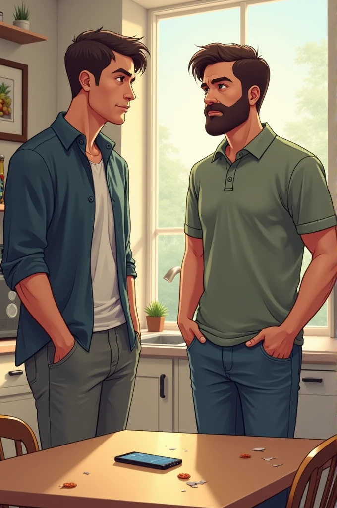Men leaving the phone on table and went into kitchen for some snacks
