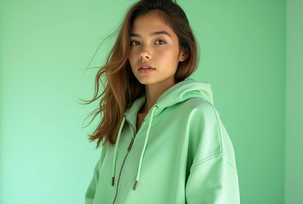 beautiful young woman hoodie mockup cropped hoodie mockup with zipper light green background . Use Canon EOS 5D Mark IV with 24-70mm f/2.8 lens. Settings: ISO 100, f/8 aperture, and 1/125s shutter speed to capture sharp, brilliant images with wide depth of field.