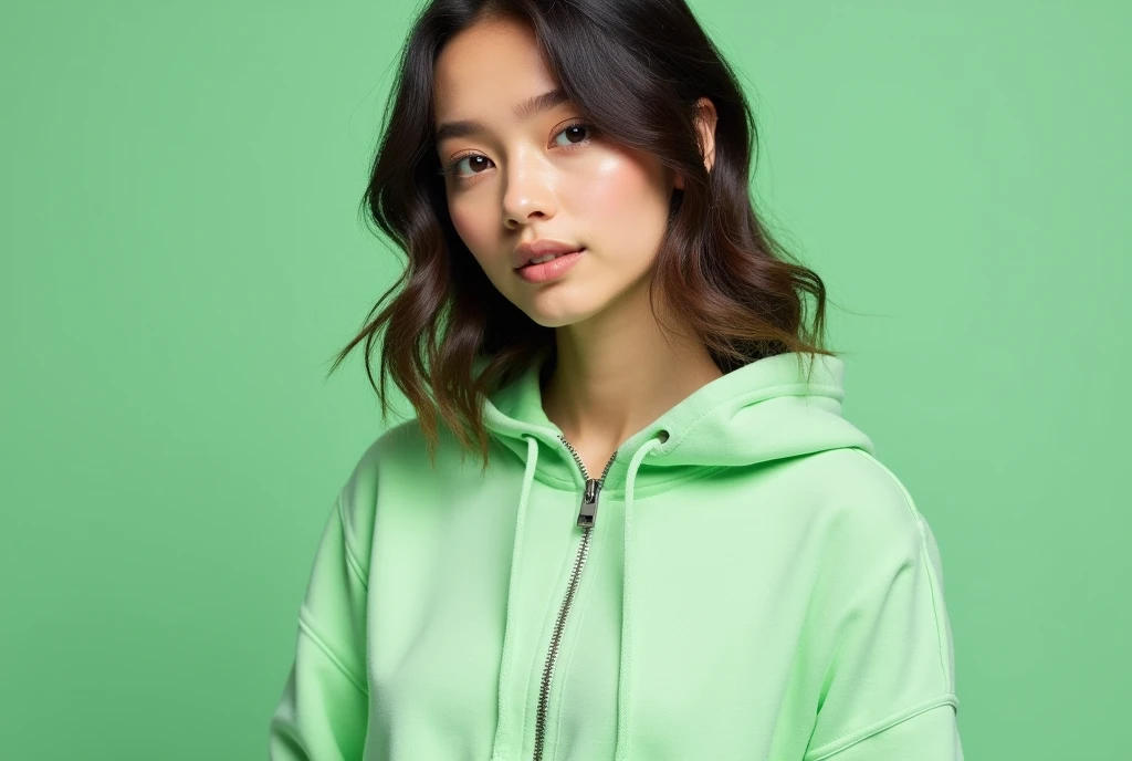 beautiful young woman hoodie mockup cropped hoodie mockup with zipper light green background . Use Canon EOS 5D Mark IV with 24-70mm f/2.8 lens. Settings: ISO 100, f/8 aperture, and 1/125s shutter speed to capture sharp, brilliant images with wide depth of field.