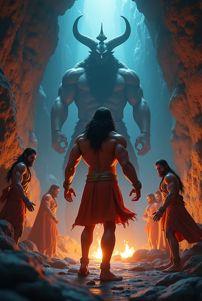 In cenamatic 3d cartoon style "Illustrate Hanuman finding Ram and Lakshman in their captivity, with Ahiravan nearby.