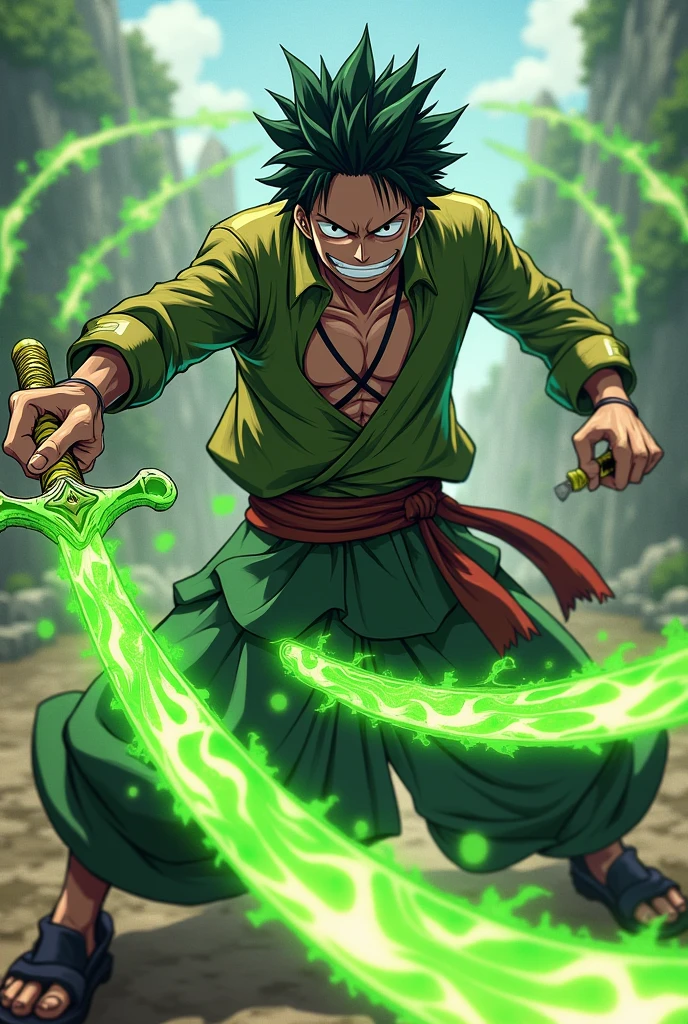 One piece's joro Stan in battle with hold his three sword with green flame blade and with smile