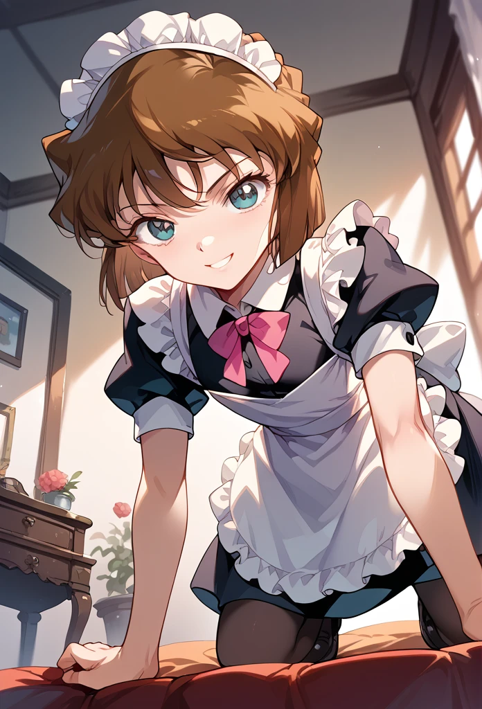 masterpiece,High resolution,Highest quality,8k(Detective Conan,ai haibara) (,,Flat Chest,Short,Brown Hair,short hair) ((Maid clothes))On all fours,From below,smile