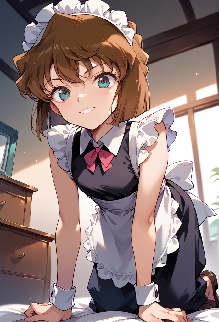 masterpiece,High resolution,Highest quality,8k(Detective Conan,ai haibara) (,,Flat Chest,Short,Brown Hair,short hair) ((Maid clothes))On all fours,From below,smile