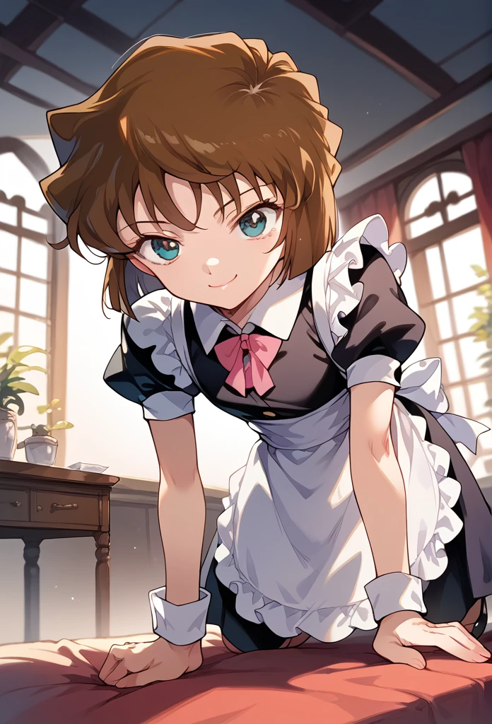 masterpiece,High resolution,Highest quality,8k(Detective Conan,ai haibara) (,,Flat Chest,Short,Brown Hair,short hair) ((Maid clothes))On all fours,From below,smile