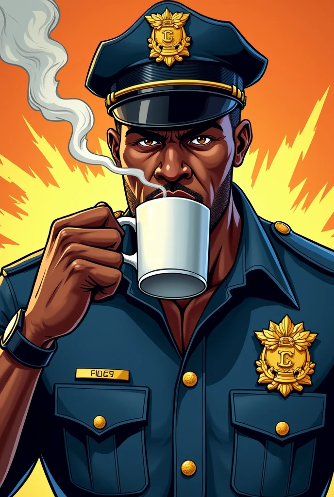 American comic style, African American American Police Officer ,with a muscular military cut and honey-colored eyes with a cup of coffee in his mouth 