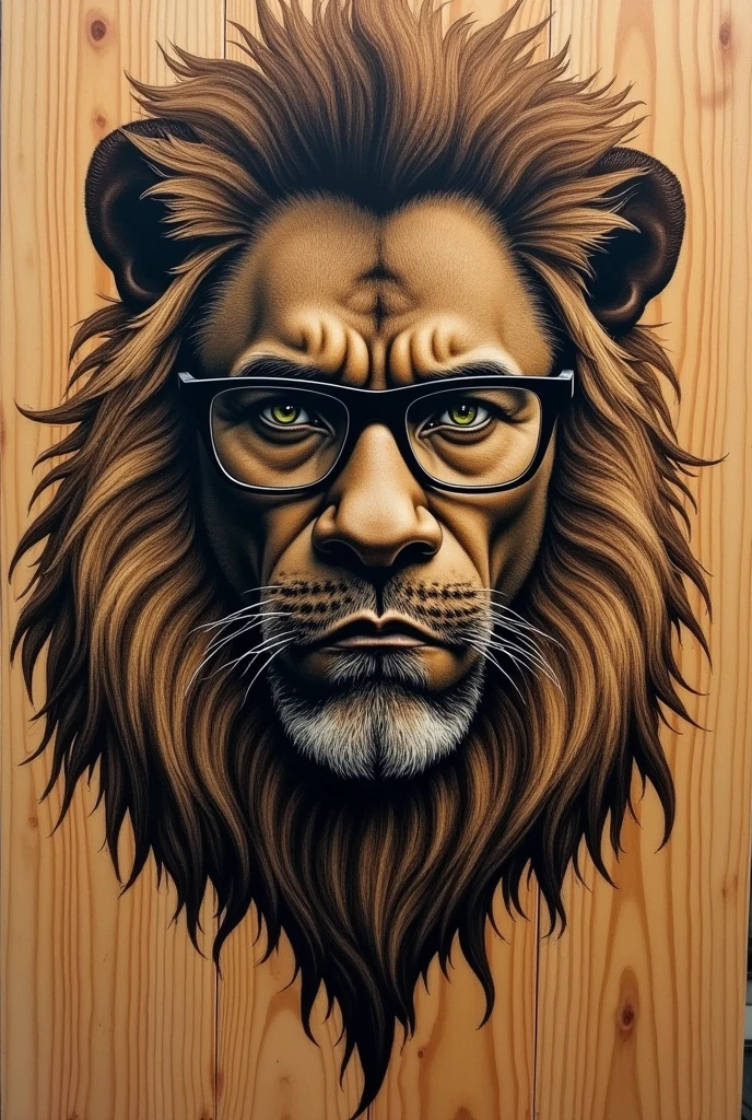 A dark-skinned man with glasses and a short, shaved beard, pyrography of a lion on wood, as if I were tattooing

