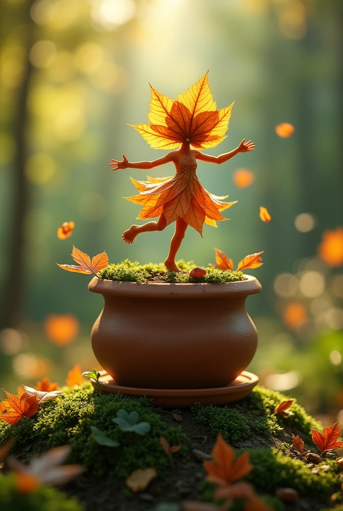 A whimsical miniature figure composed of delicately arranged autumn leaves, poised in a carefree dance on the rim of a weathered, moss-covered terracotta pot, set against a lush, vibrant forest backdrop, where dappled sunlight filters through the canopy above, casting intricate shadows. The overall aesthetic is ethereal, with warm, earthy tones of sienna, umber, and olive green, infused with hints of emerald and golden light, evoking a sense of wonder and enchantment, as if plucked from a fantastical realm.